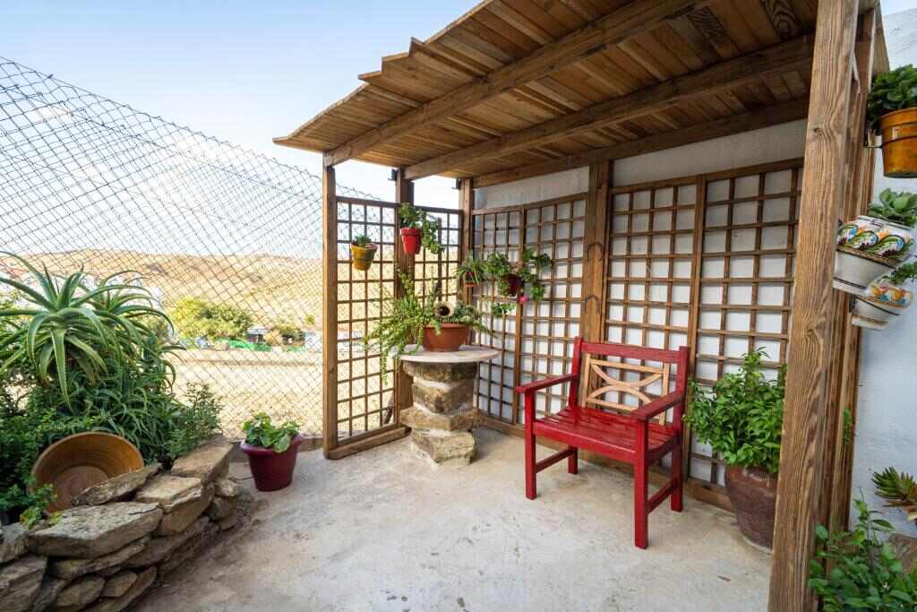 Wooden pergola terrace with countryside view